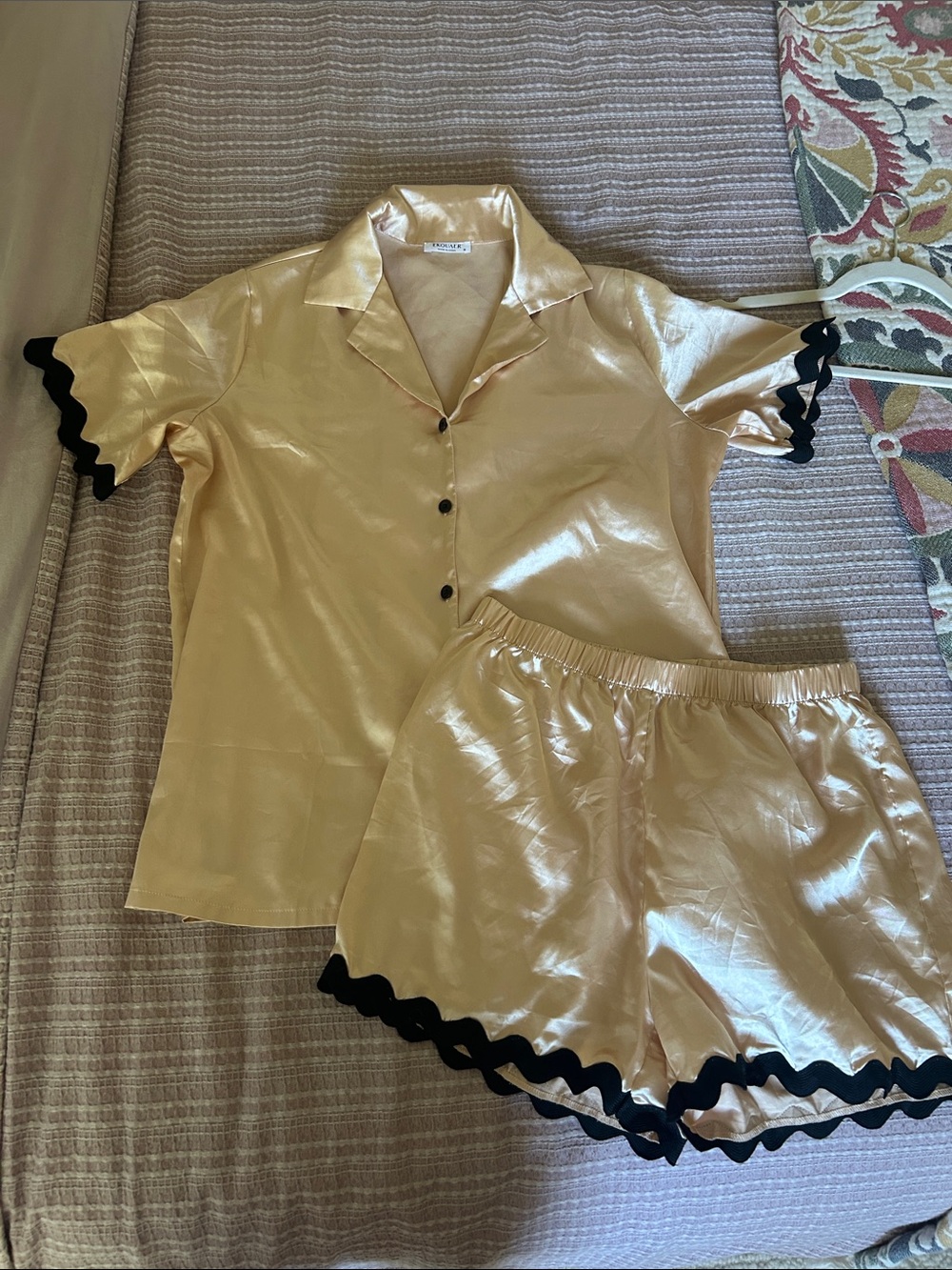 Silky Gold Short Sleeve Pajama Set with Black Trim